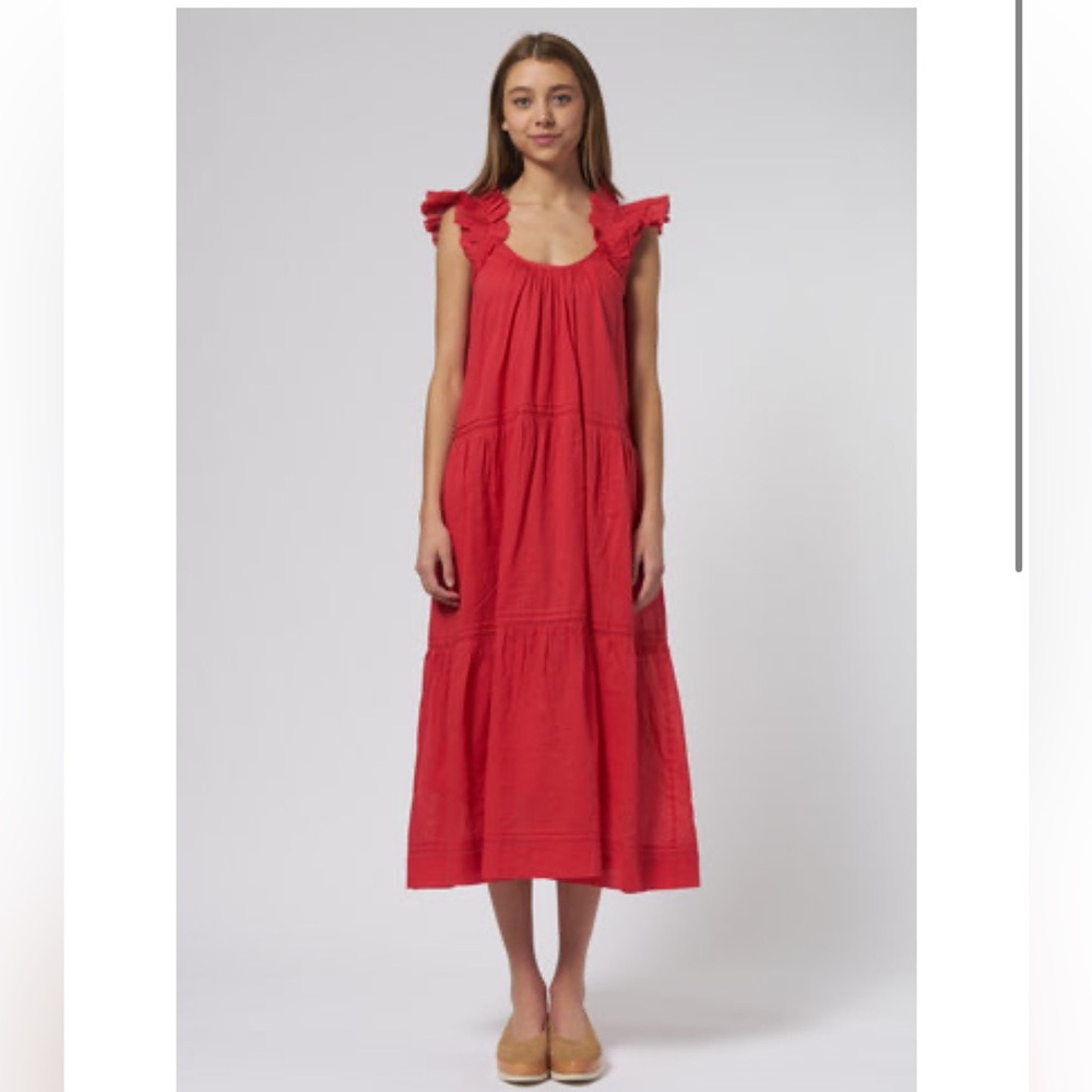 THE GREAT. Red Ruffle Sleeve Dress